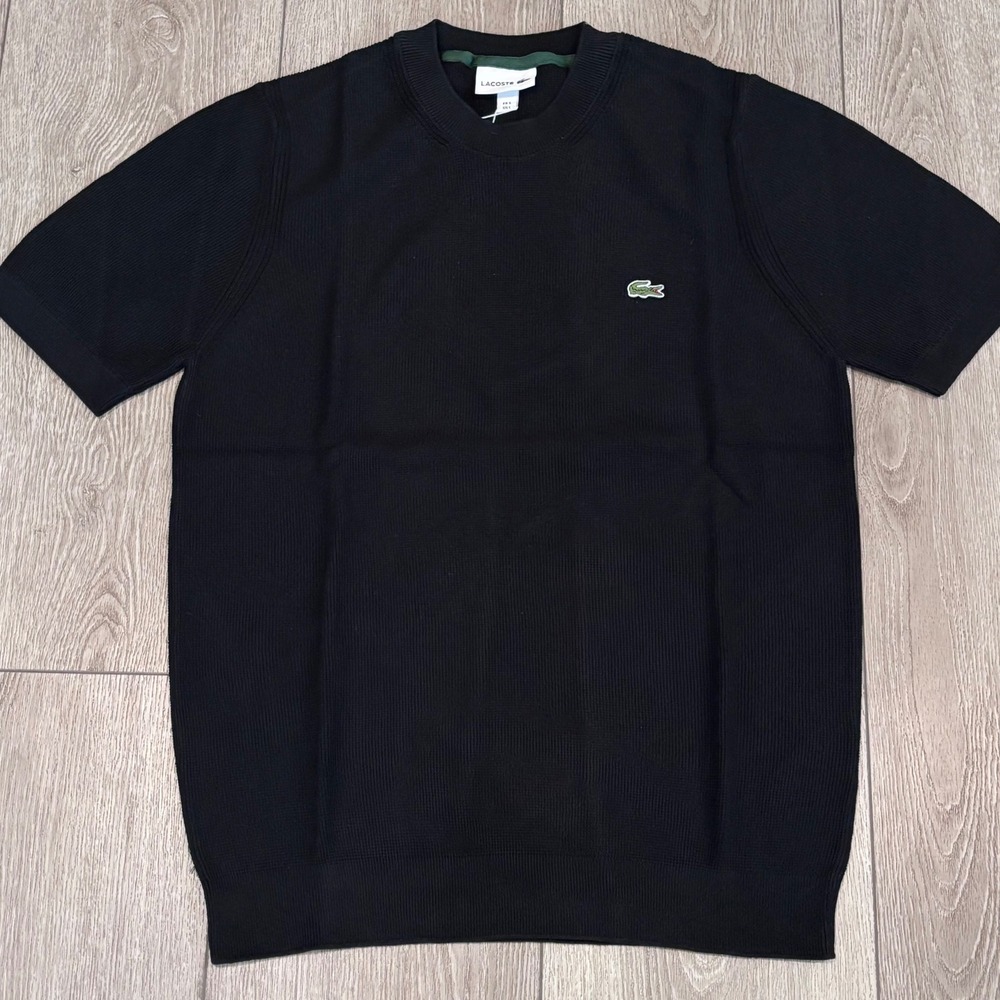 Lacoste Knit Sweater Mens Large Black Short Sleeve Organic Cotton Preppy New